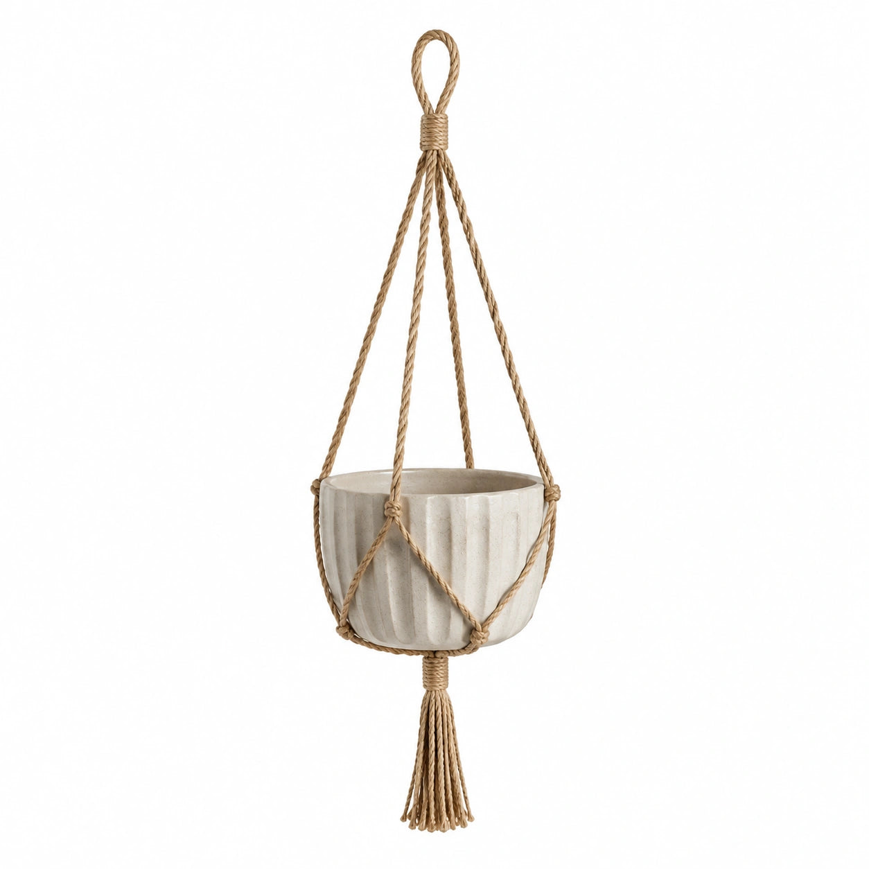 Hängeblumentopf 15 cm Keramik Beige mit Seilaufhängung für Innenräume