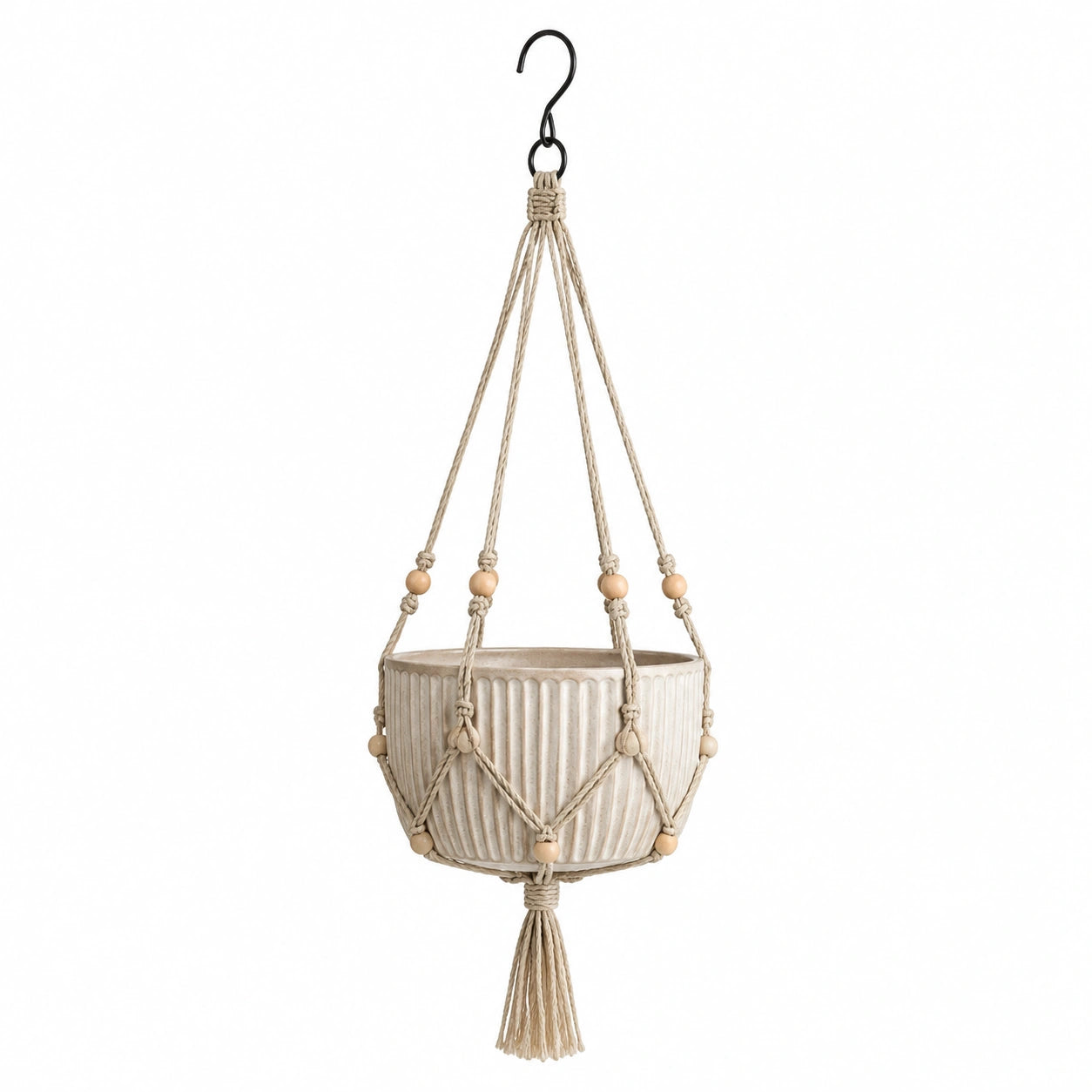 Hängepflanztopf 16 cm Keramik Beige mit Makramee-Aufhängung