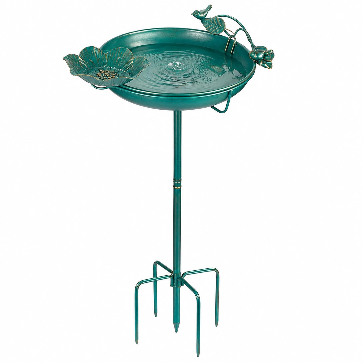 Vogelbad 50 cm Metall Grün mit Erdspieß und Vogelmotiv